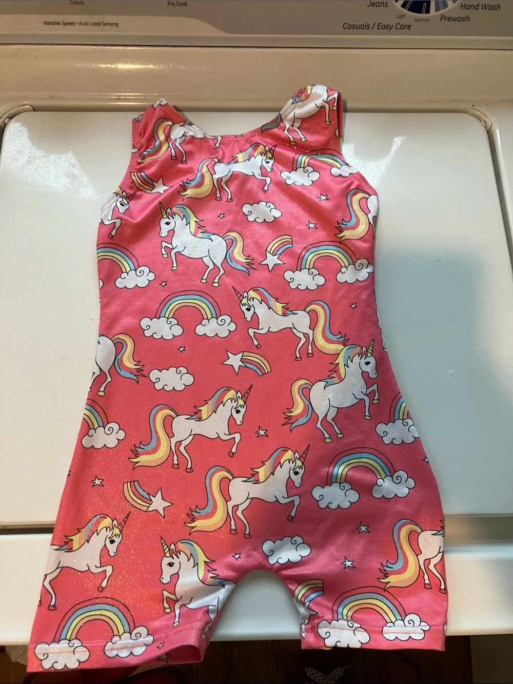 Girls gymnastic unitard sparkle pink rainbow unicorn youth XS